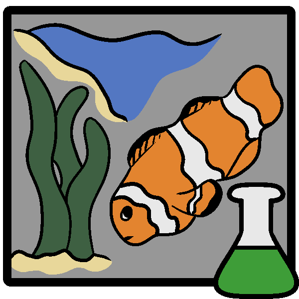 Seaweed, a coastline, and a clownfish in a frame with a green beaker in the corner.